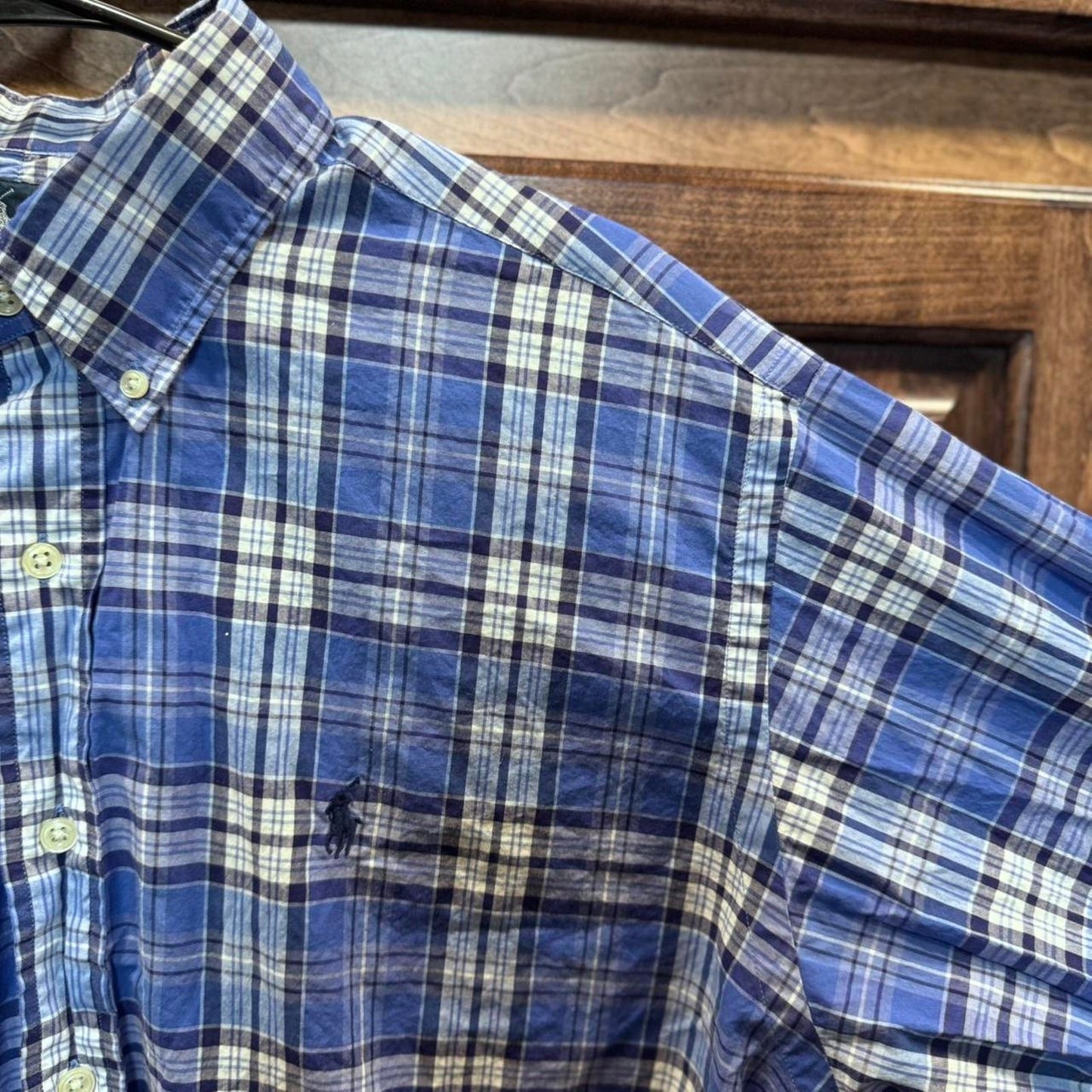 Blue and white plaid Ralph Lauren button-up shirt custom fit size Large