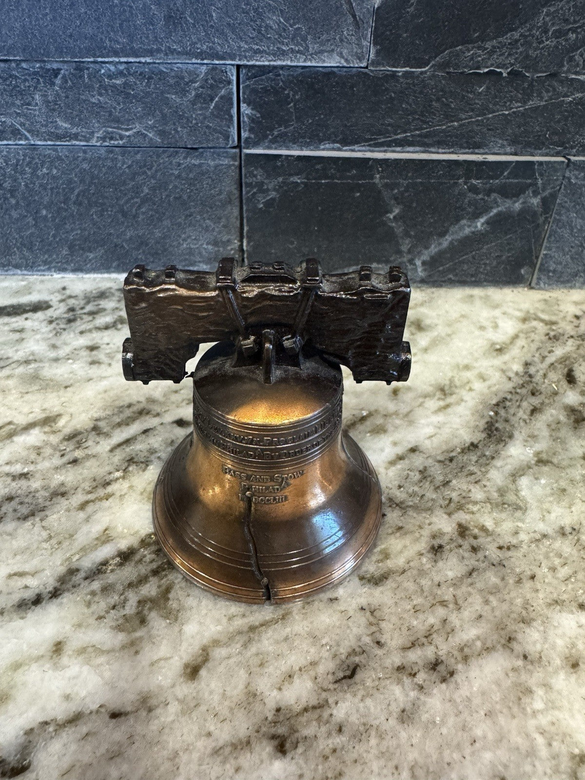 Vintage Mini Replica Liberty Bell With Working Bell, Bronze Metal Pass And Stow