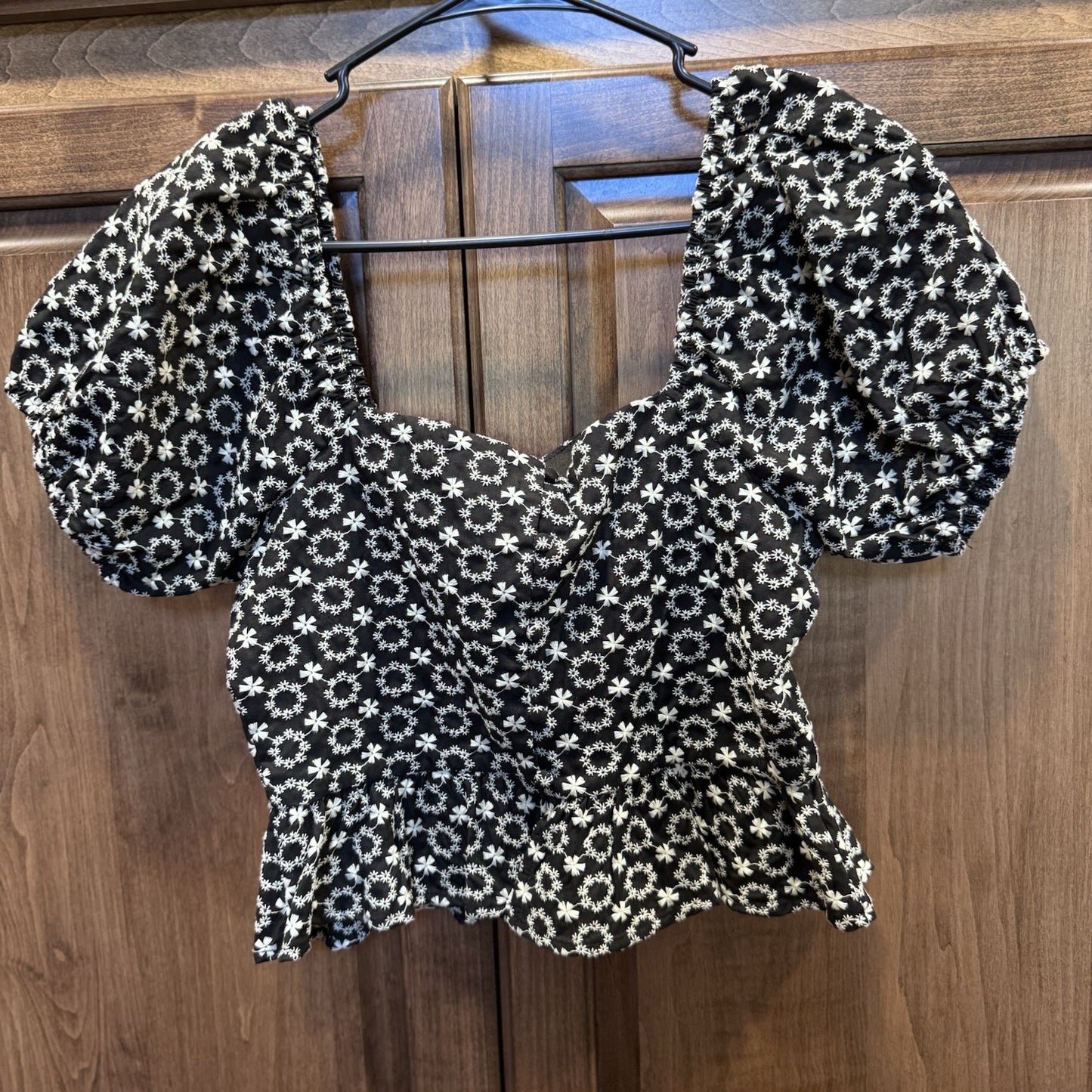 Dee Elly Black White Floral Puff Sleeve Peplum Blouse Size S