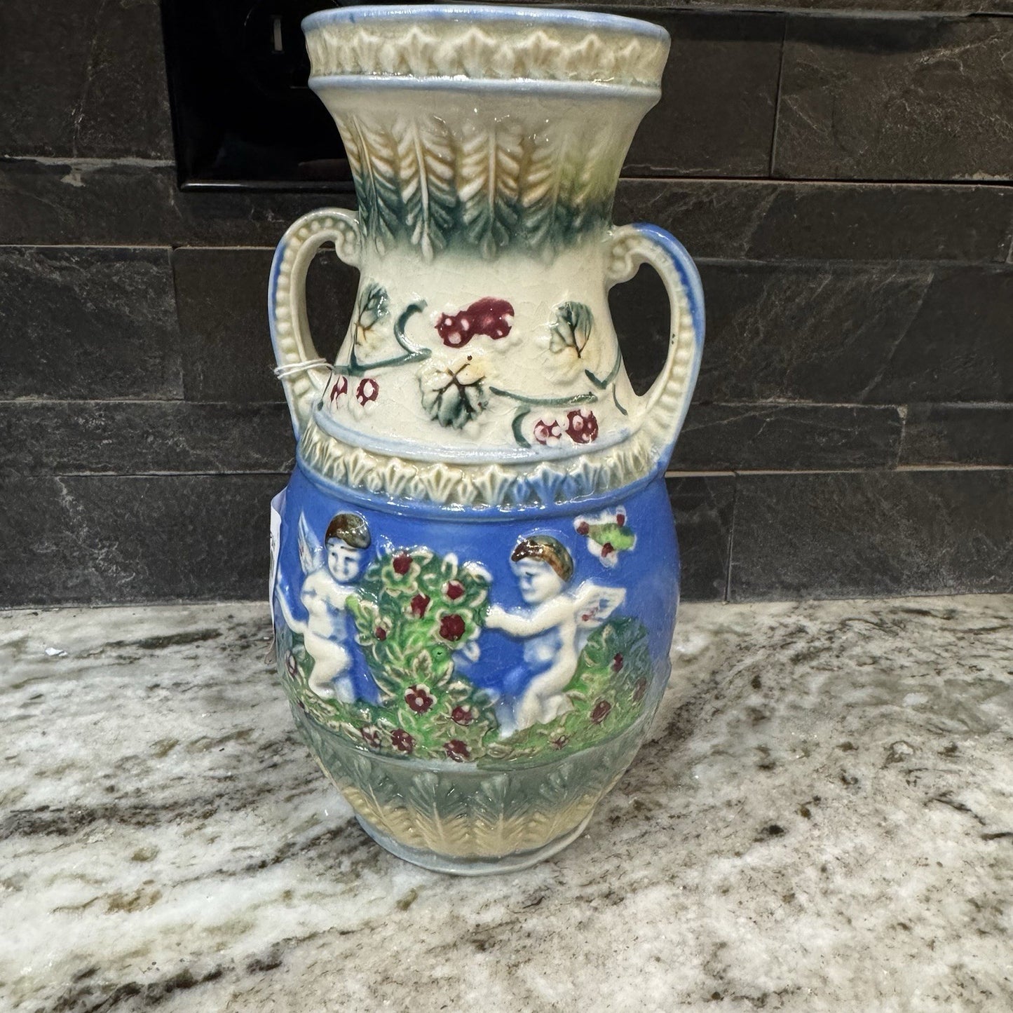 Vintage Japanese Hand-painted Majolica Two-Handled Porcelain Vase Cherubs 9 1/4"