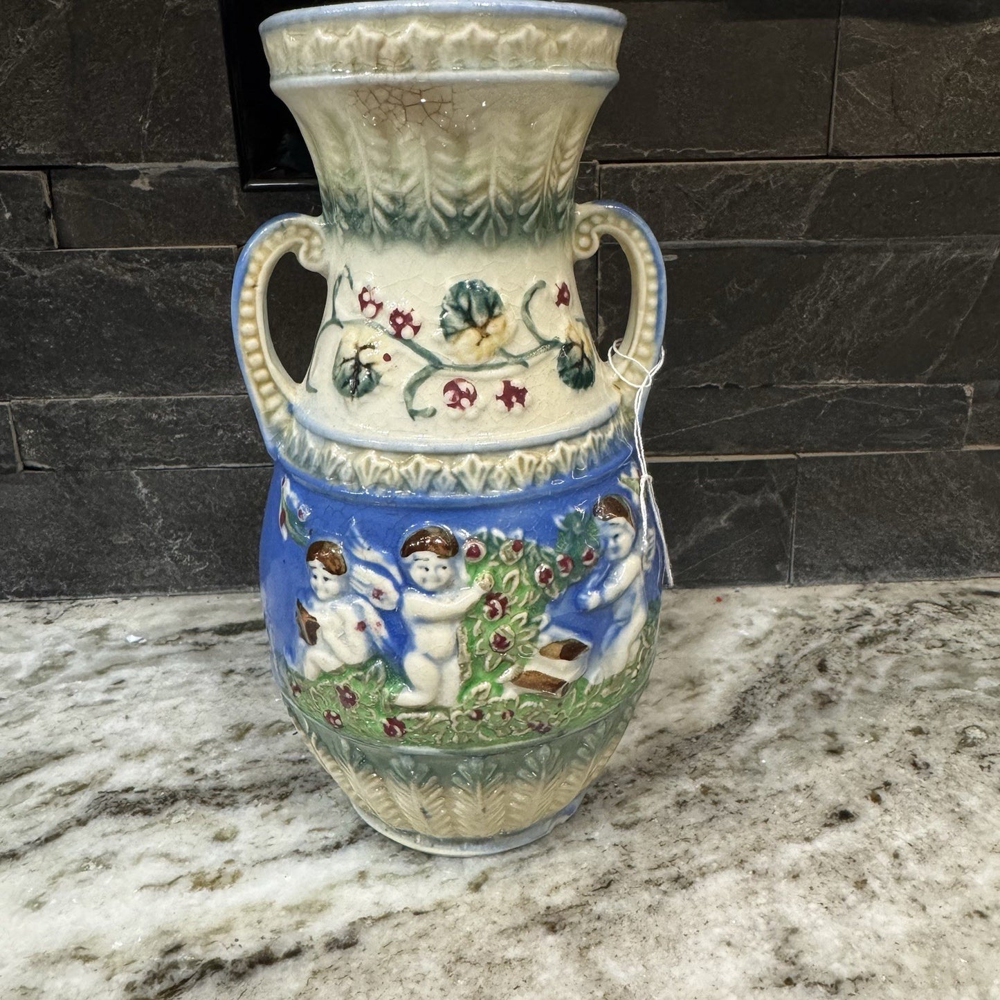 Vintage Japanese Hand-painted Majolica Two-Handled Porcelain Vase Cherubs 9 1/4"