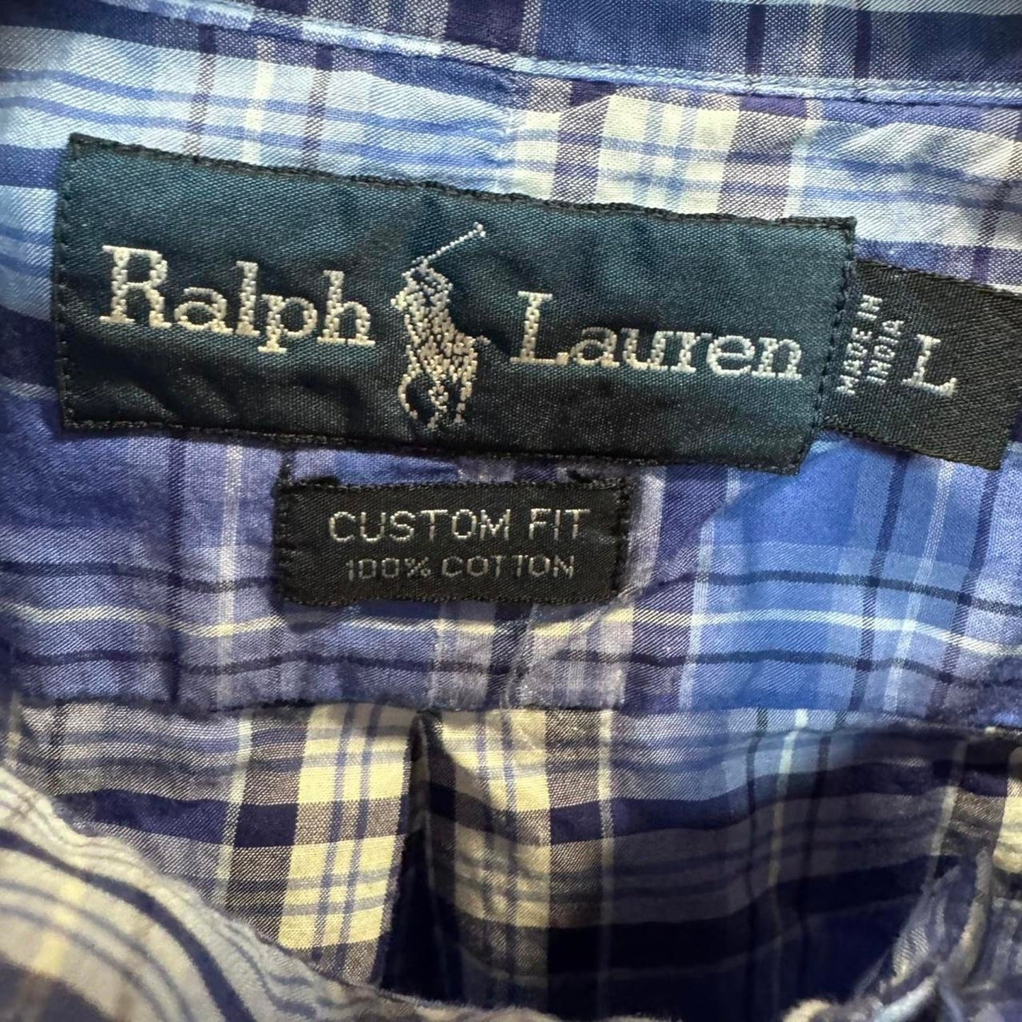 Blue and white plaid Ralph Lauren button-up shirt custom fit size Large
