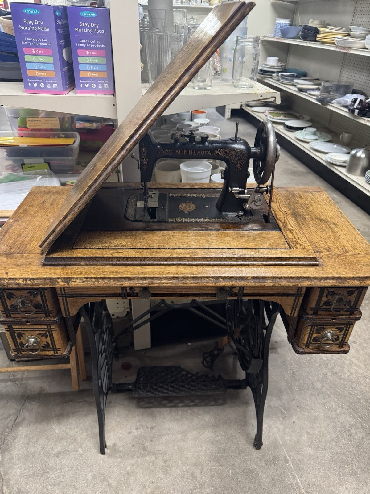 1900's Antique Minnesota Treadle Sewing Machine with 5 Drawer Cabinet Model D