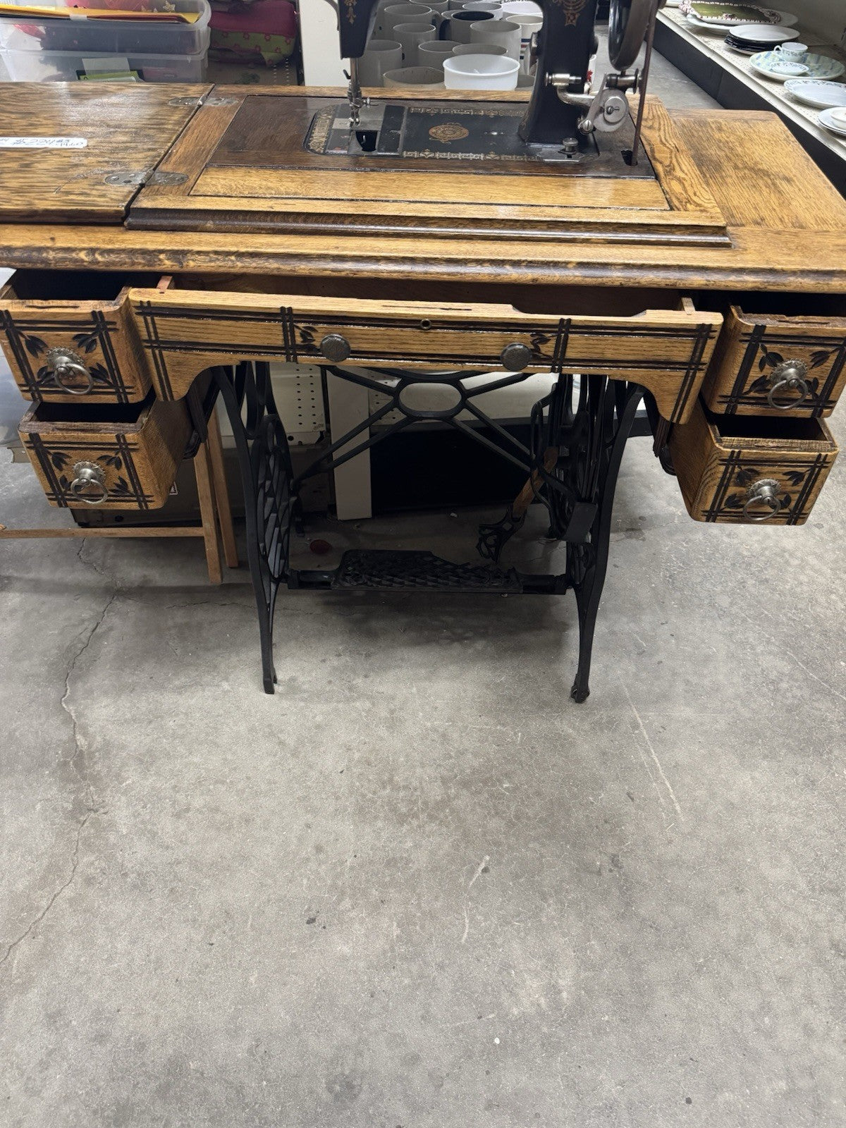 1900's Antique Minnesota Treadle Sewing Machine with 5 Drawer Cabinet Model D