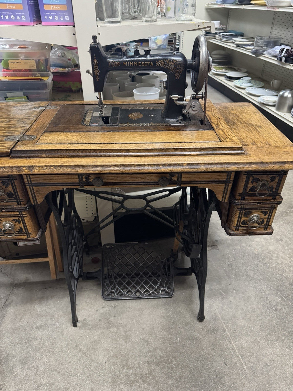 1900's Antique Minnesota Treadle Sewing Machine with 5 Drawer Cabinet Model D
