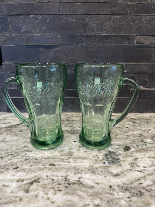 2 Vintage Green Coca-Cola Libbey Glasses/Mugs With Handles Thick Heavy