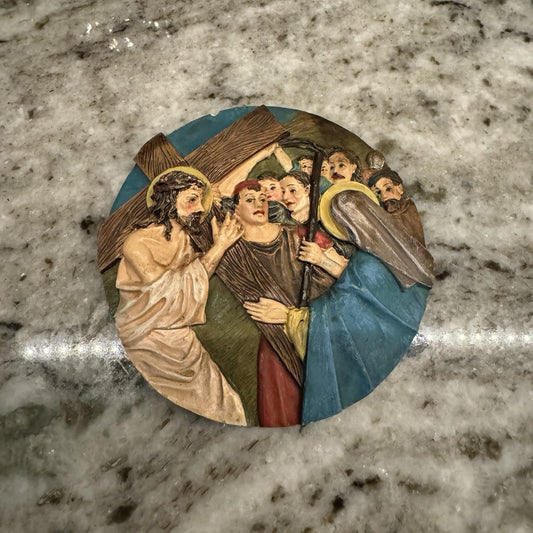 Vintage Hand-Painted Resin 3D Medallion, Mary Jesus Joseph Cross Scene Religious
