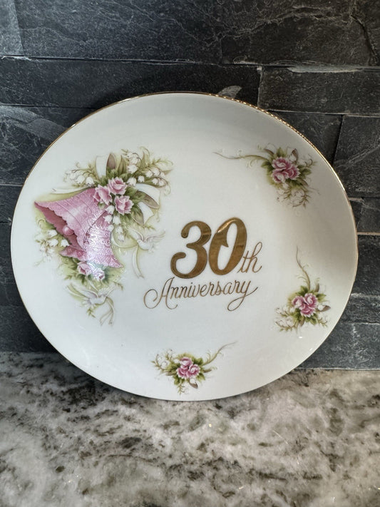 Enesco Plate 30th Anniversary Wishes Gold Trim Floral Vintage 1983 8.5" Diameter