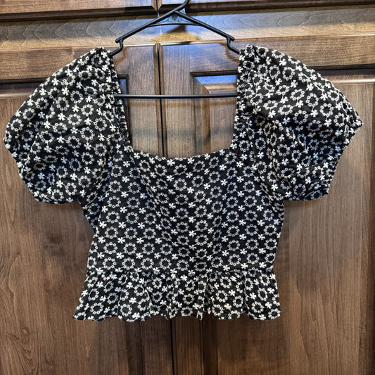 Dee Elly Black White Floral Puff Sleeve Peplum Blouse Size S