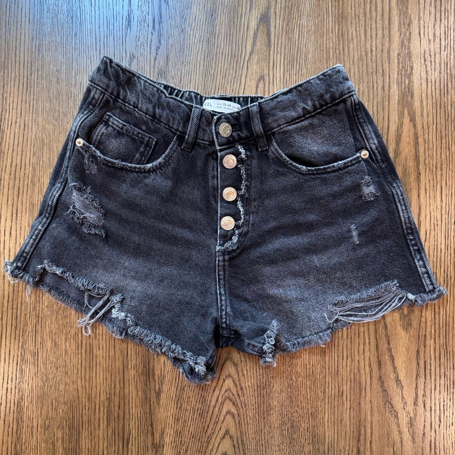 ZARA Kids Black Distressed Denim Shorts 13-14 Years Button Fly Frayed Hem