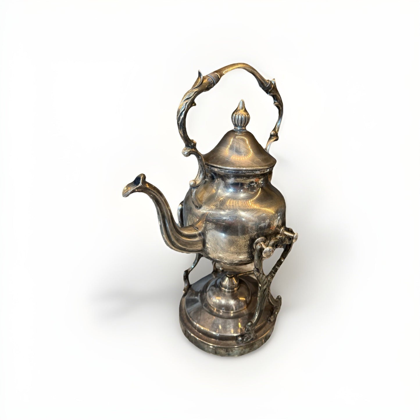 VINTAGE SILVER  TIPPING KETTLE ON FOOTED STAND / TEAPOT