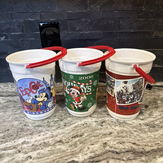 3 Vintage Disney World Popcorn Buckets Epcot Baseball Goofy Magic Kingdom Christ