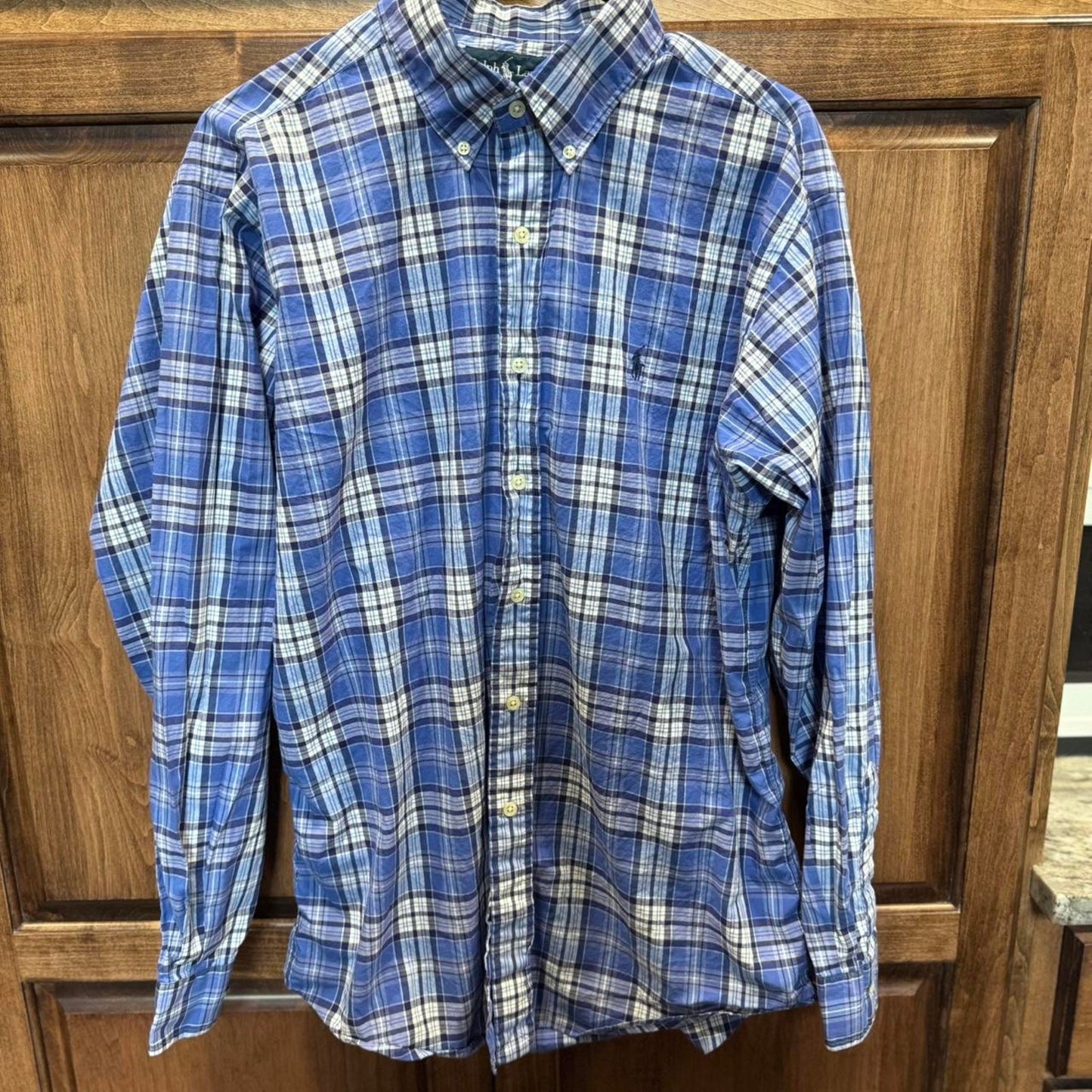 Blue and white plaid Ralph Lauren button-up shirt custom fit size Large