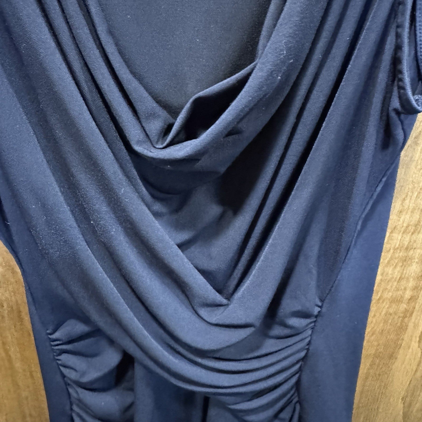 New York & Company Navy Blue Cowl Neck Ruched Stretch Top Blouse– Size XS