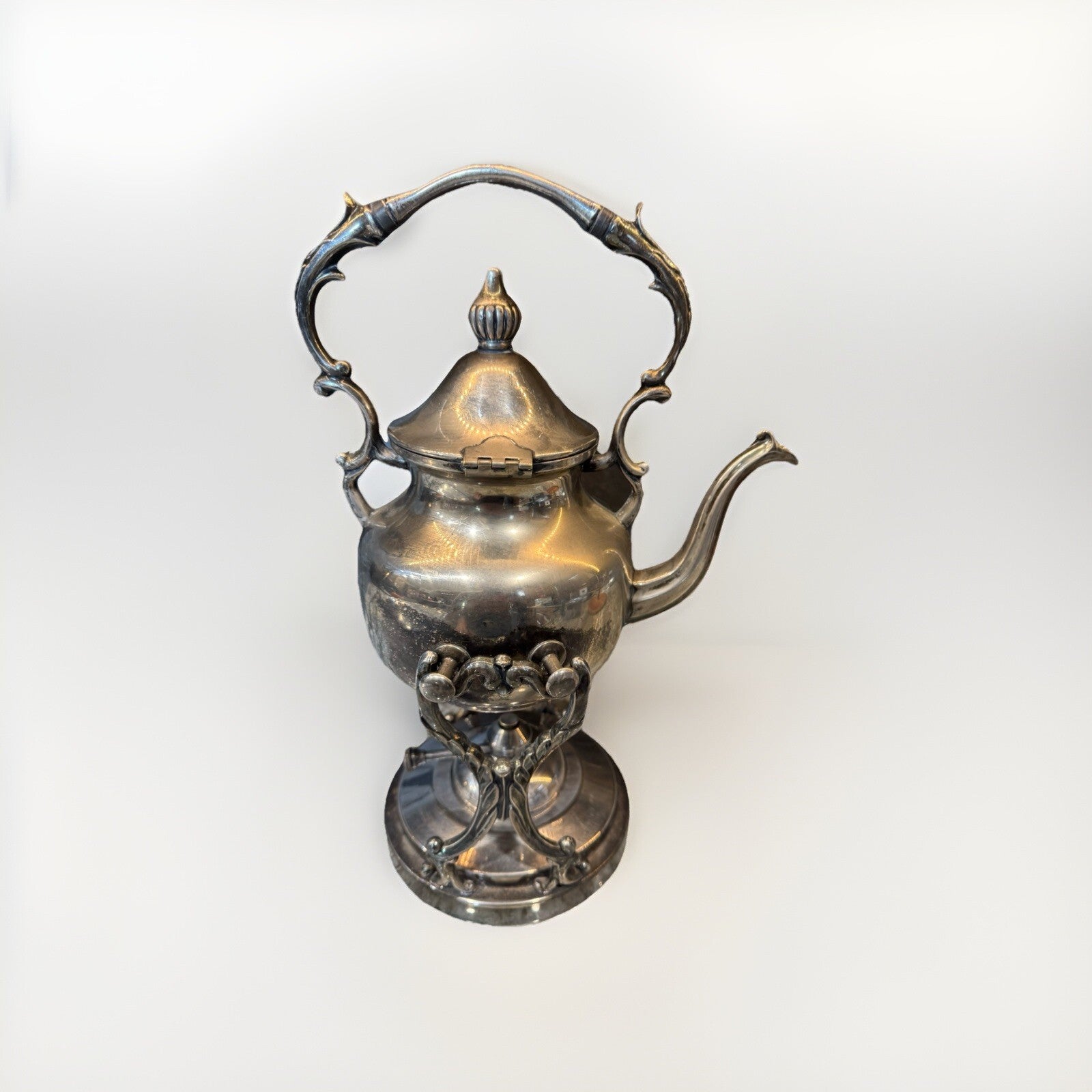VINTAGE SILVER  TIPPING KETTLE ON FOOTED STAND / TEAPOT