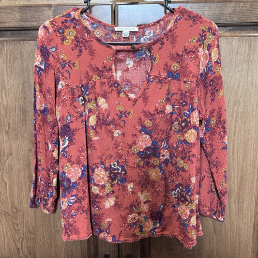 American Eagle Floral Boho Top Small | Red Pink Multicolor Long Sleeve