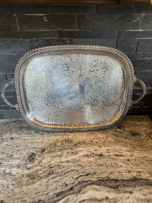 Vintage Leonard Silverplate tray with decorative Edge Heavy Handles Clay Footed