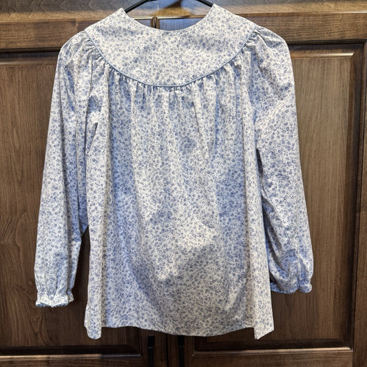 Kelly’s Kids Girls Floral Long Sleeve Blouse Size L 10-12 White Blue Vintage 