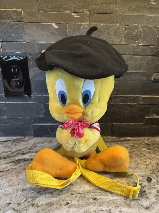 Vintage 90s Looney Tunes Warner Bros. Large Tweety Bird Plush Back Pack Beret