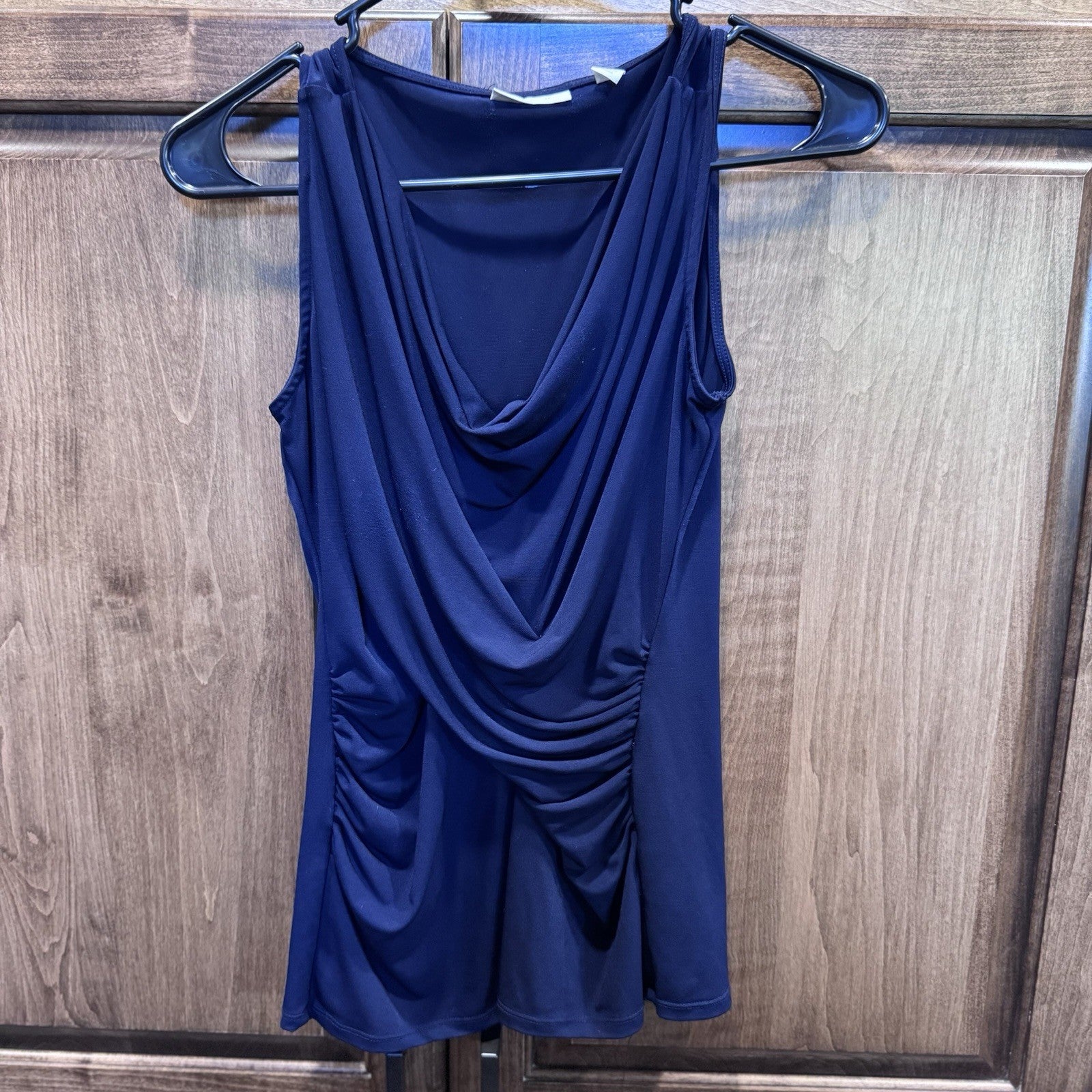 New York & Company Navy Blue Cowl Neck Ruched Stretch Top Blouse– Size XS