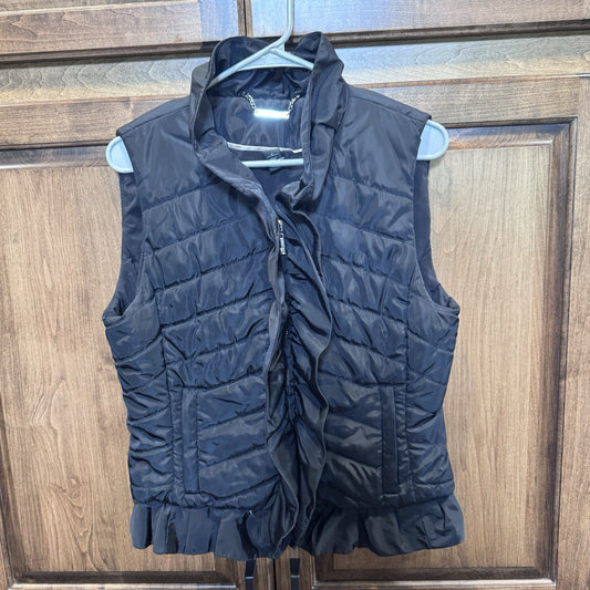 White House Black Market Puffer Vest Women’s Black Zip Front Ruffle Trim Size M