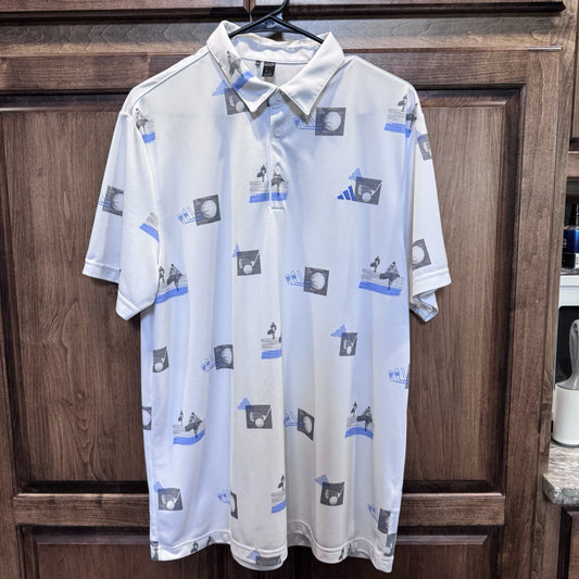 Adidas Golf Polo Shirt Men’s Large – Graphic All-Over Print – White Blue Black 