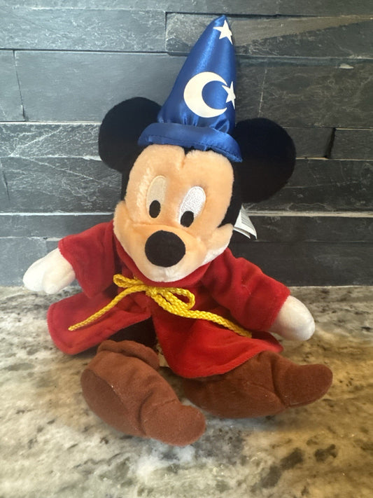 Disney Sorcerer Mickey Mouse Plush Toy In Red Velvet Robe & Blue Wizard Hat 15"