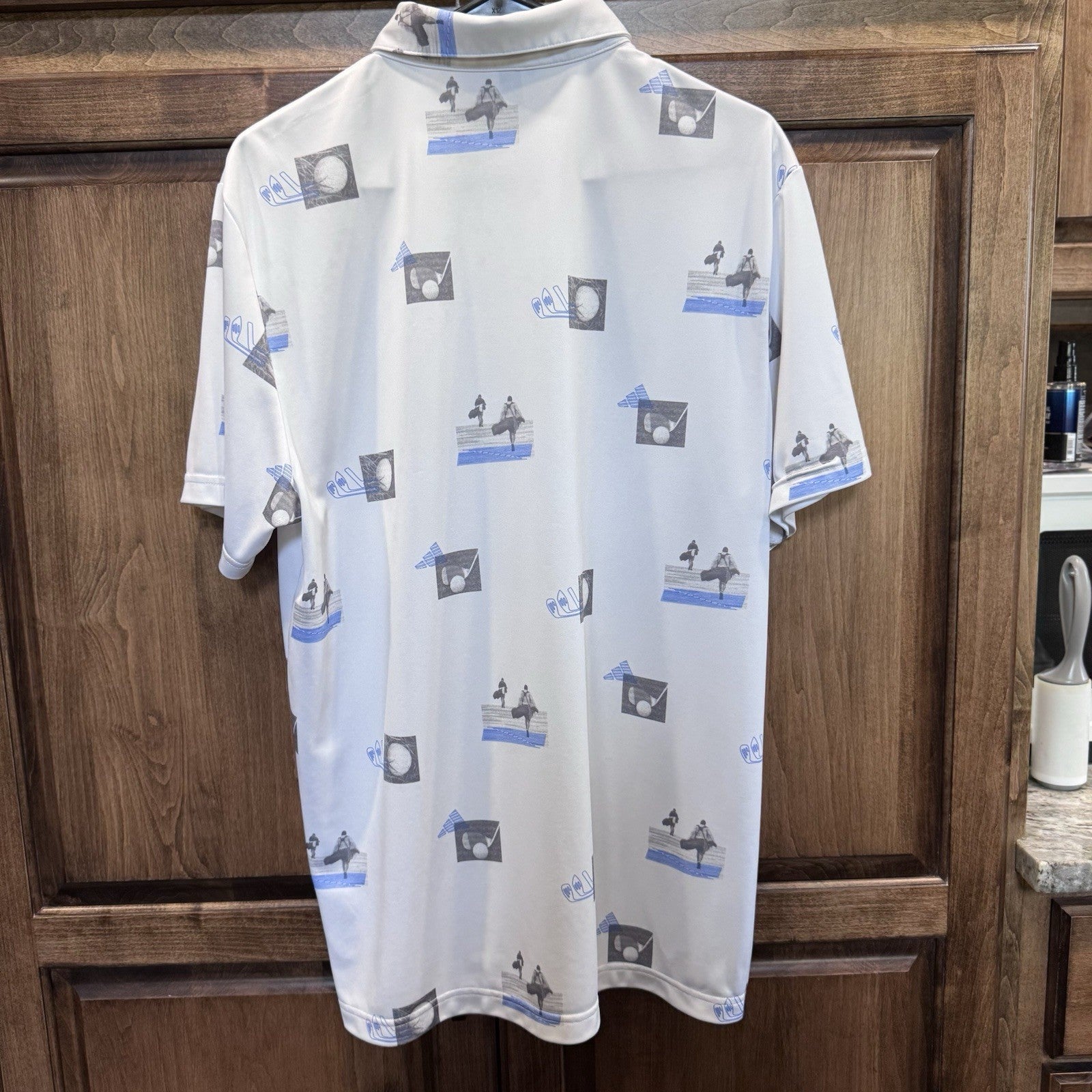 Adidas Golf Polo Shirt Men’s Large – Graphic All-Over Print – White Blue Black 