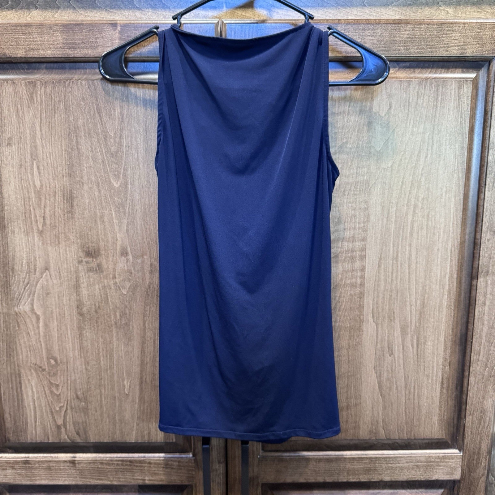 New York & Company Navy Blue Cowl Neck Ruched Stretch Top Blouse– Size XS