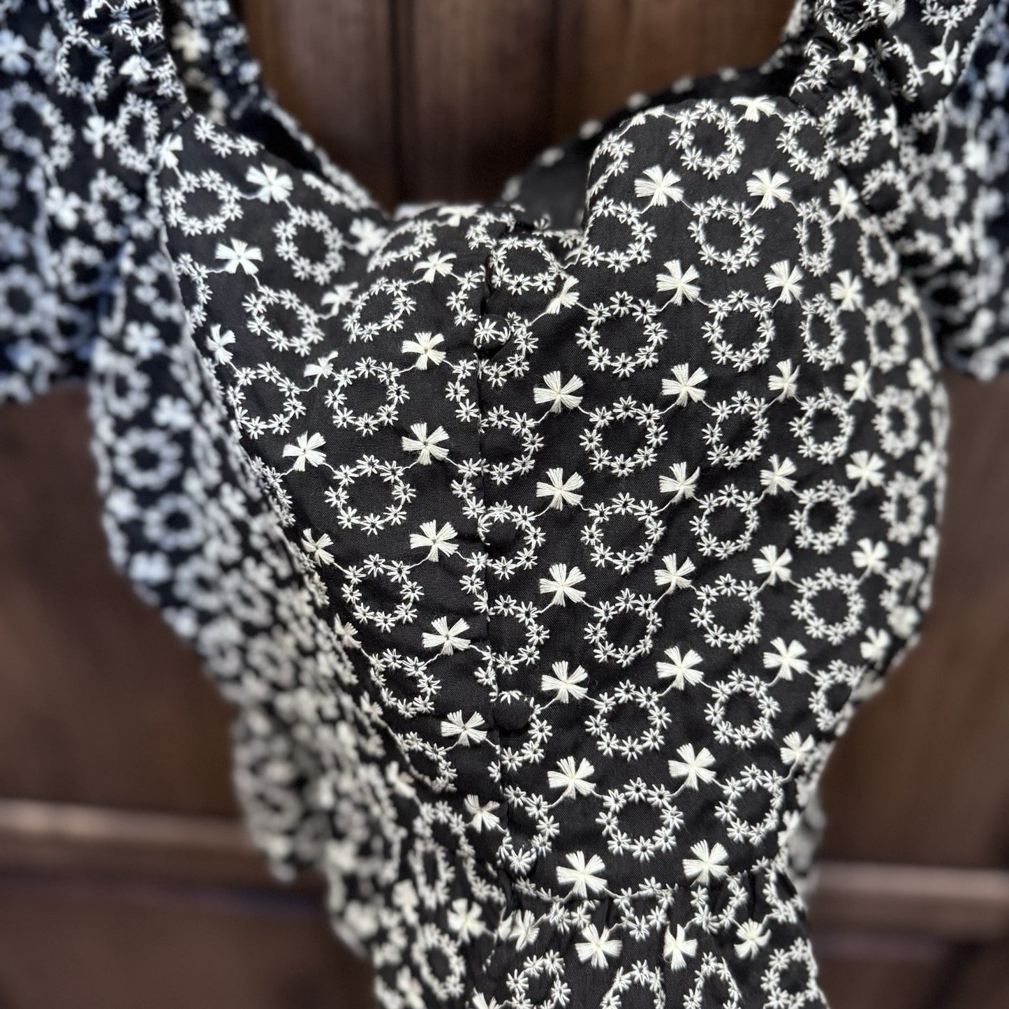 Dee Elly Black White Floral Puff Sleeve Peplum Blouse Size S