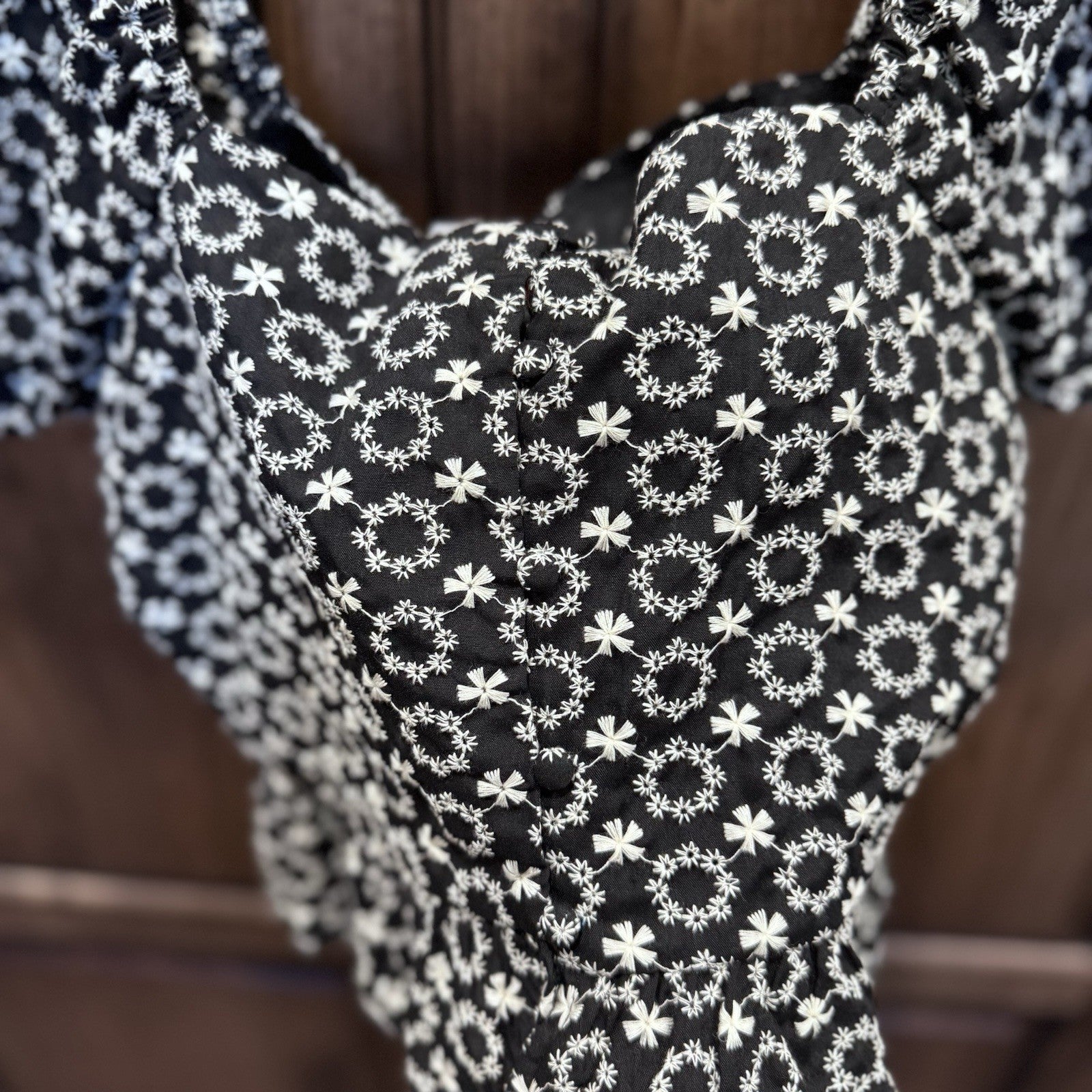 Dee Elly Black White Floral Puff Sleeve Peplum Blouse Size S