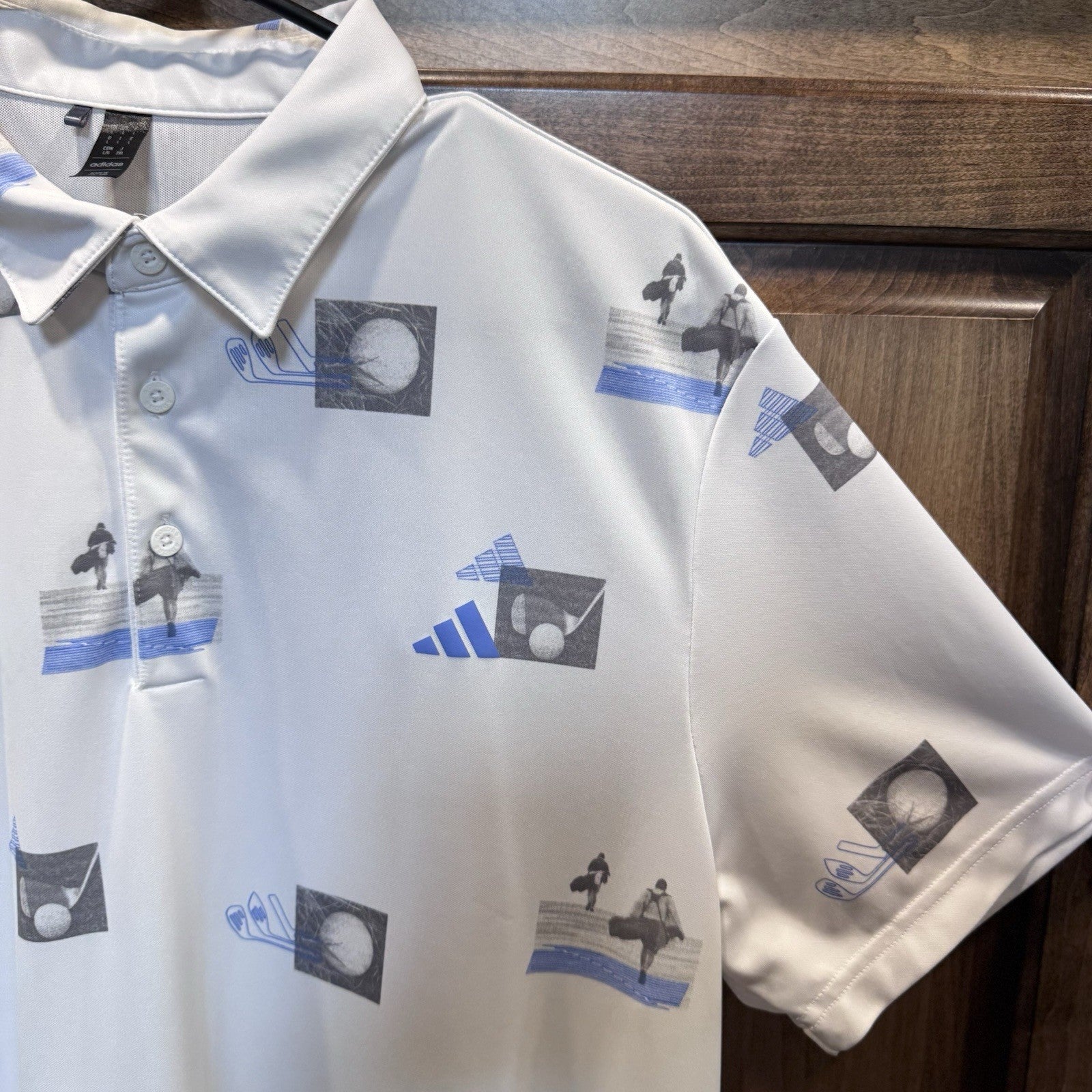 Adidas Golf Polo Shirt Men’s Large – Graphic All-Over Print – White Blue Black 