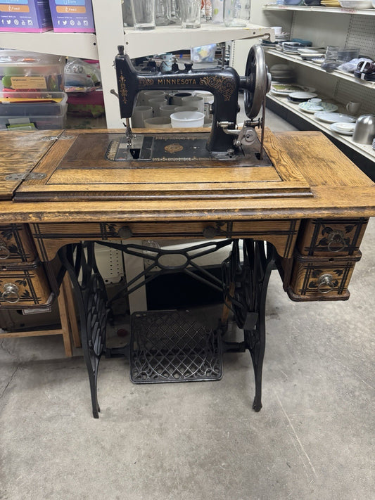 1900's Antique Minnesota Treadle Sewing Machine with  5 Drawer Cabinet Model D